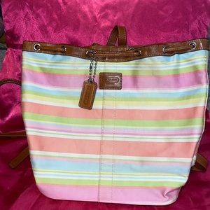 Authentic Coach Signature Stripe Canvas and Leather Backpack